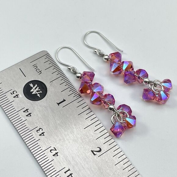 Made With Swarovski Crystal Pink AB Teardrops Sterling Silver Earrings Dangle - Picture 7 of 7